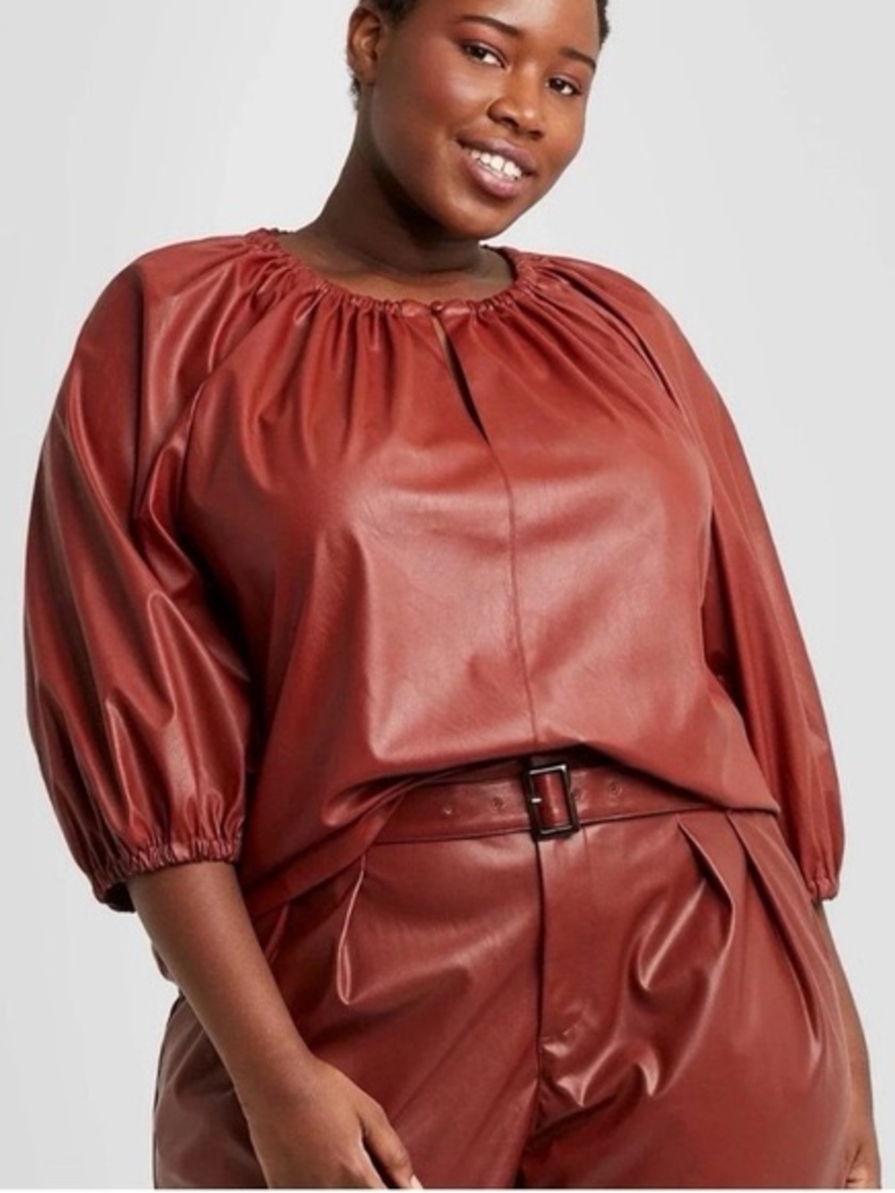 Who What Wear Plus Faux Leather Puff Sleeve Top Rust XL